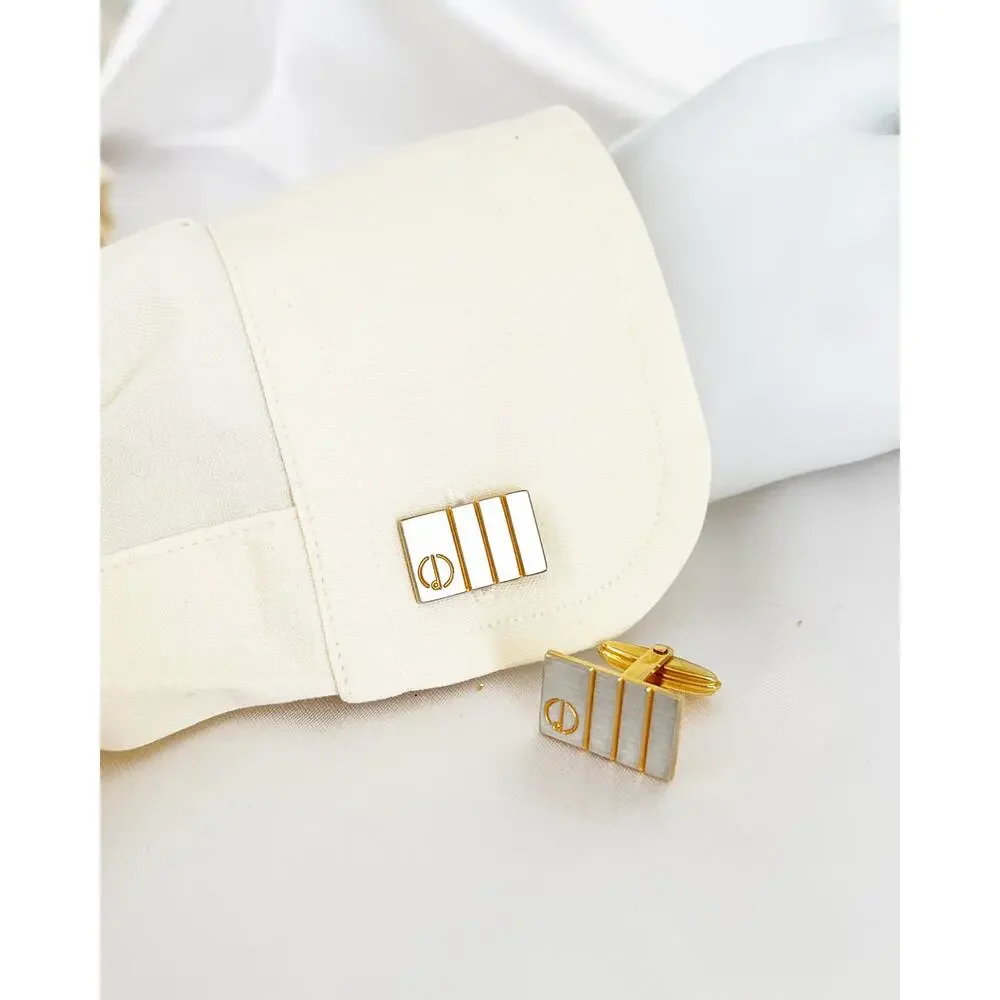 DUNHILL Vintagex Silver Gold Two Tone Lined Logo Rectangular Cufflinks 2 Tie Bar
